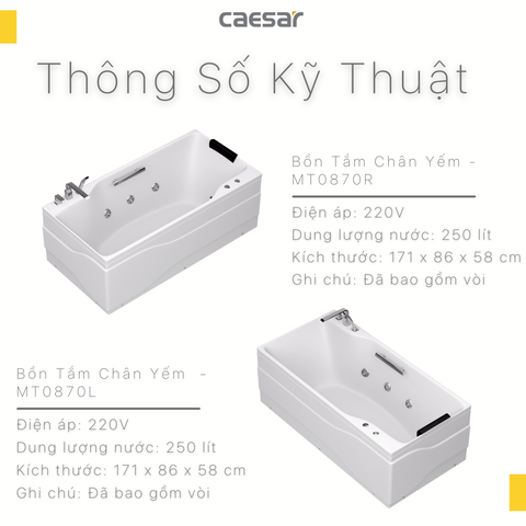 Bồn tắm dài Caesar MT0870L(R) loại chân yếm massage dài 1m7