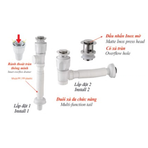 Bộ xả ruột gà đa năng nhấn KSN nhựa ABS đầu inox mờ XLB-115 có xả tràn