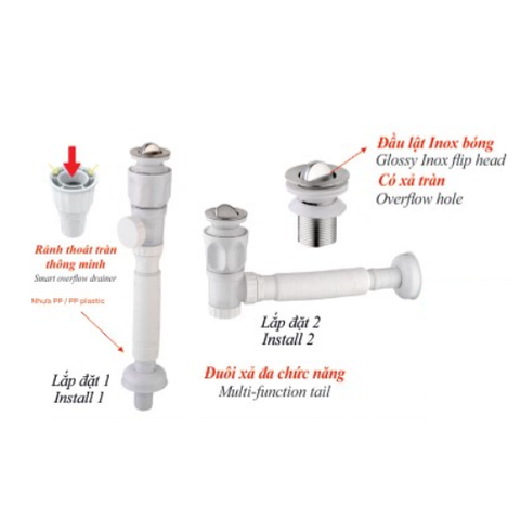 Bộ xả ruột gà lật đa năng KSN nhựa ABS đầu inox bóng XLB-116 có xả tràn