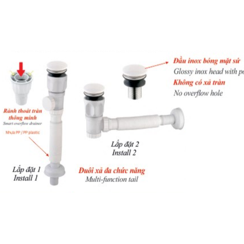 Bộ xả ruột gà nhấn đa năng KSN nhựa ABS đầu inox bóng mặt sứ XLB-122 không có xả tràn