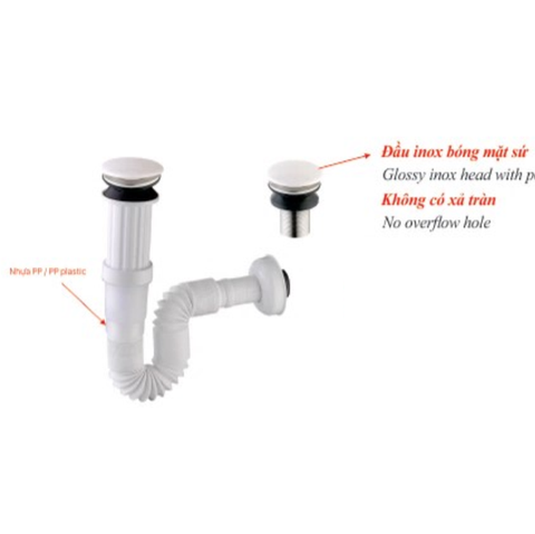 Bộ xả ruột gà nhấn KSN nhựa ABS đầu inox bóng mặt sứ XLB-123 không có xả tràn