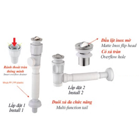 Bộ xả ruột gà lật đa năng KSN nhựa ABS đầu inox mờ XLB-126 có xả tràn