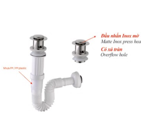Bộ xả ruột gà nhấn KSN nhựa ABS đầu inox mờ XLB-129 có xả tràn