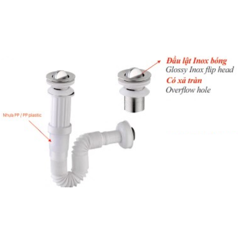 Bộ xả ruột gà lật KSN nhựa ABS đầu inox bóng XLB-130 có xả tràn