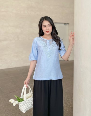 Áo Kiểu Thêu Lưới Tay Lỡ Lụa Hàn Swanlake - A10191LW01