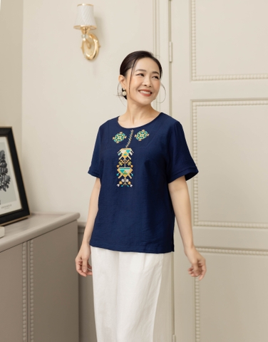 Áo Trung Niên Tay Ngắn Thêu Chữ Thập Lụa Hàn - A11273LW01