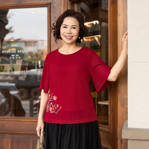 M COLLECTION | Áo Trung Niên Tay Cánh Tiên Tặng Mẹ Sang Trọng Lụa Chiffon Thêu A12084LW02