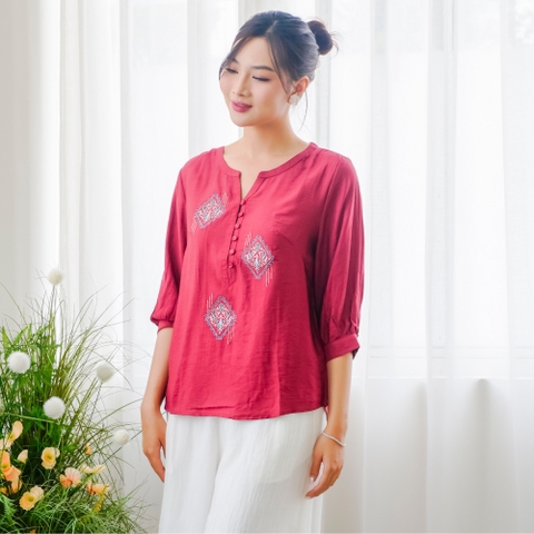 M-Collection - Áo Thêu Họa Tiết Cổ Trụ Chất Lụa Hàn - A12097LW01