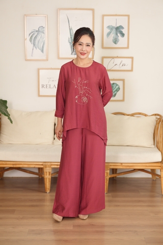 M-Collection - Bộ Dài Thêu Bình Hoa Cổ Tròn Chất Lụa Hàn - B11813LW01