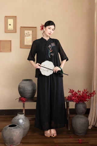 Set Đồ Bộ Dài Cổ Tàu Hình Thêu Tết Vải Xốp Hàn - B12119LW01