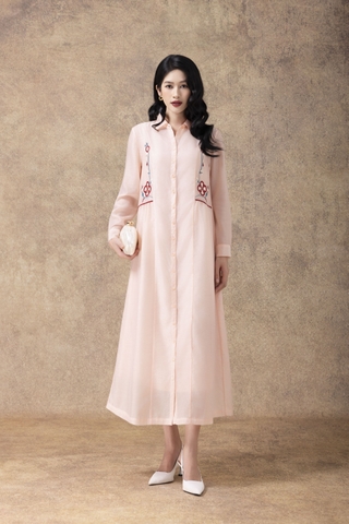 SWANLAKE | Váy Đầm Sơ Mi Nữ Suông Vải Tơ Lót Lụa Thêu Hoa Cao Cấp Tay Dài Công Sở Thanh Lịch D13096LW01