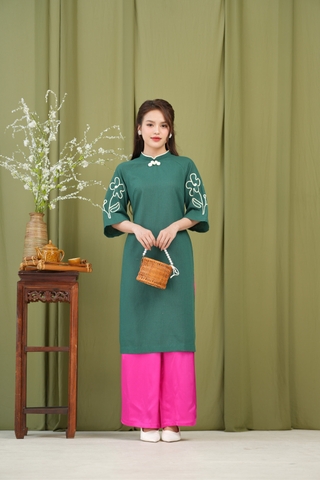 Áo Dài Mộc An Linen Kết Nút Tàu Chạy Nét Swanlake - L12003LW01