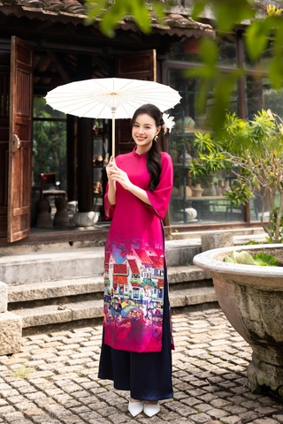 Áo Dài Yến Vân Chất Liệu Vải Lụa Dày In Swanlake Xanh - L12017LW01