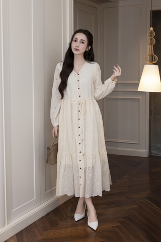 Váy Đầm Nữ Maxi Suông Đuôi Cá Xòe Cài Nút Cotton Tay Dài Dây Thắt Eo Tiệc Công Sở D13100LW01