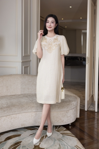 SWANLAKE | Váy Đầm Nữ Suông Tay Bí Phồng Thêu Hoa Bóng Nổi Công Sở Linen Sọc Cổ Tròn Có Túi D12873LW01