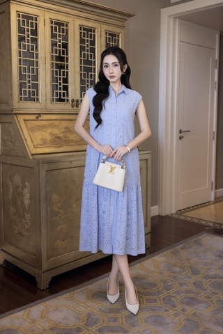SWANLAKE | Váy Đầm Nữ Maxi Sơ Mi Suông Sát Nách Đuôi Cá Cotton Thêu Hoa Đục Lỗ Cài Nút Có Túi D12905LW01