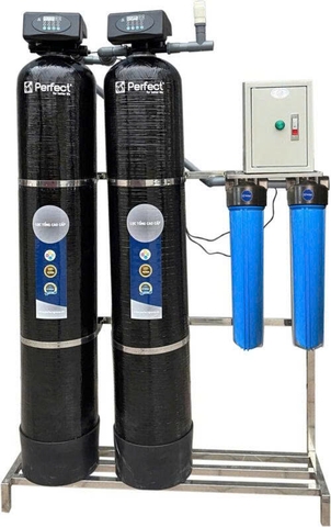 Bộ lọc nước tổng 2 cột composite sợi thủy tinh van tự động cao cấp, màu đen PA02