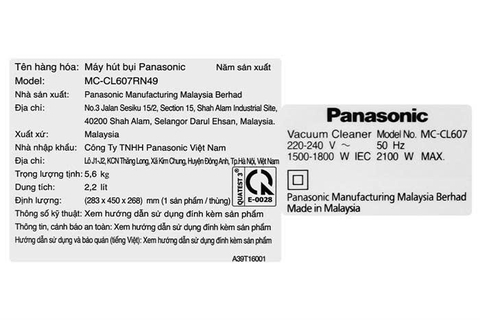 Máy hút bụi dạng hộp Panasonic MC-CL607RN49
