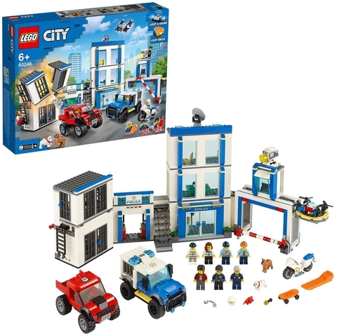 LEGO 60246 City Police Station Building Set with 2 Truck Toys, Light & Sound Bricks, Drone and Motorbike