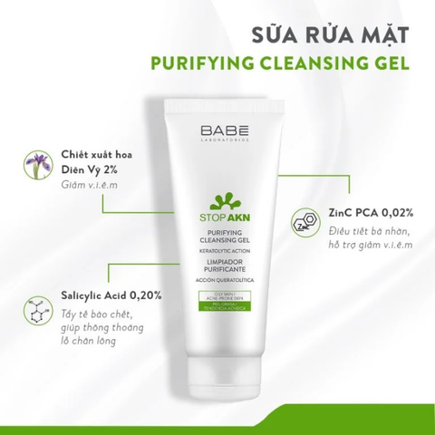 Sữa rửa mặt BABE Stop AKN Purifying Cleansing Gel cho da dầu mụn 100ML