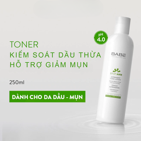 Toner Nước Hoa Hồng Cân Bằng Dầu Nhờn, Giảm Mụn BABE Laboratorios Babé Stop AKN Astringent Tonic Lotion 250ml
