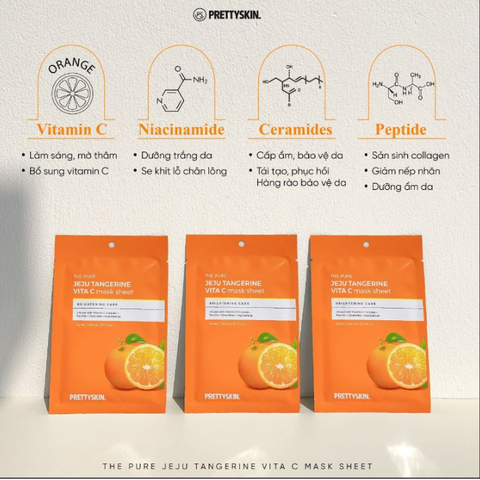 Mặt Nạ Dưỡng Trắng Da Vitamin C Prettyskin pretty skin The Pure Jeju Tangerine VITA C Mask Sheet 25ml (Hộp 10 miếng)