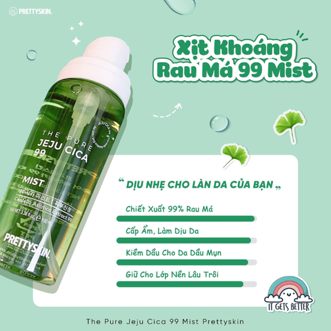 Xịt khoáng rau má Prettyskin The Pure Jeju Cica 99 Mist 100ml