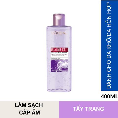 Nước Tẩy Trang Làm Sạch Cấp Ẩm Căng Mịn Da L'Oreal loreal Paris Revitalift Hyaluronic Acid 400ml ( Tím )