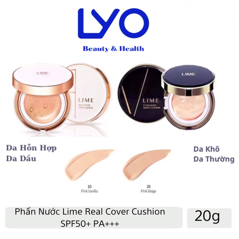Phấn nước Lime V Collagen Ample Cushio SPF50+ PA+++ (Màu xanh) và Real Cover Pink Cushion SPF50+ PA+++ (Màu trắng)