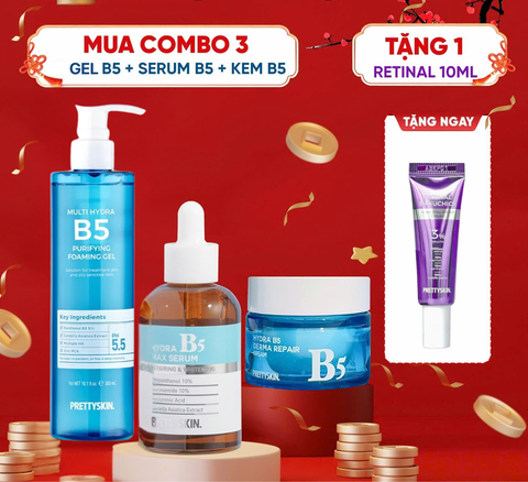 d996 - Combo - 3 Sản Phẩm B5 Prettyskin (Gel Rửa Mặt + Serum Bản Thường + Kem Dưỡng) + 1 Quà Tặng Kem Dưỡng Retinal 10ml
