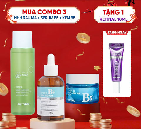 e49 - Combo - 3 Sản Phẩm Prettyskin (Toner Rau Má + Serum B5 Bản Thường + Kem Dưỡng B5) + 1 Quà Tặng Kem Dưỡng Retinal 10ml