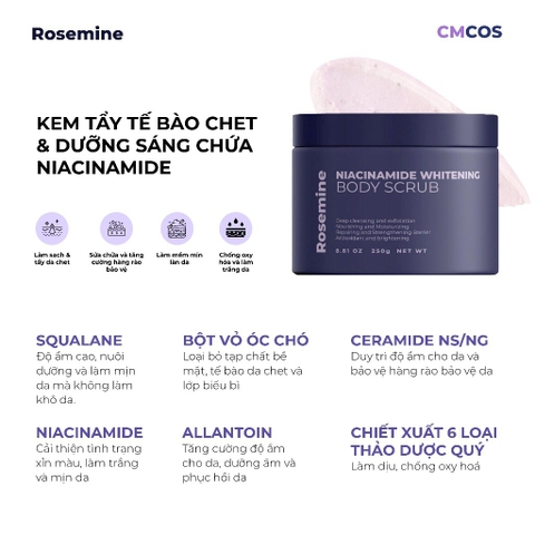 Tẩy Da Chết Body Dưỡng Trắng Da Rosemine Niacinamide Whitening Body Scrub Hàn Quốc 250g