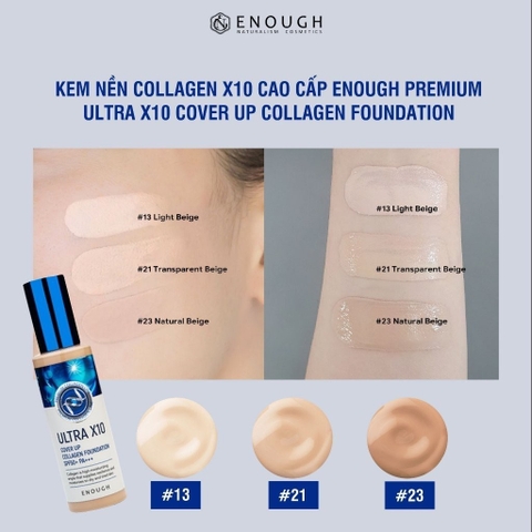 Kem Nền Che Khuyết Điểm Enough Collagen 3in1/Moisture/Ultra X10 Cover Up Foundation Cấp Ẩm & Chống Tia UV Hàn Quốc 100ml
