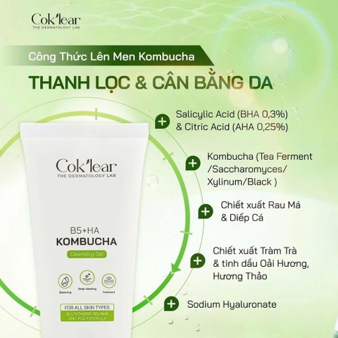 f063 - Sữa Rửa Mặt B5 + HA Kombucha Cok'lear Làm Sạch Chuyên Sâu và Cân Bằng Độ PH LYO