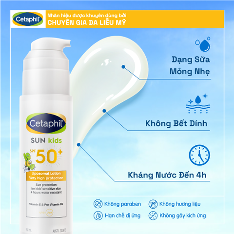 Kem chống nắng Cetaphil Sun SPF 50+ LIGHT  SUN KIDS 150ML (DẠNG SỮA) Cho Da Nhạy Cảm