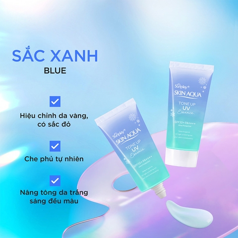 Kem chống nắng nâng tông cho da vàng, ấm, khuyết điểm đỏ Sunplay Skin Aqua Tone Up UV Essence Blue SPF 50+ PA++++ 7g