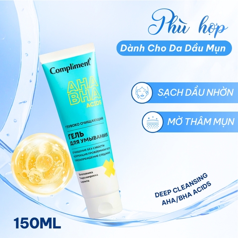 f143 - Gel Rửa Mặt Chứa BHA Compliment No Problem Sạch Sâu, Giảm Dầu Mụn Hàng Nga 200ml LYO