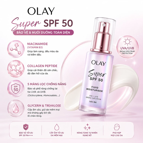 f437 - Kem dưỡng sáng da chống nắng OLAY SUPER SPF50+ PA++++, FLUID MOISTURISER 50ml