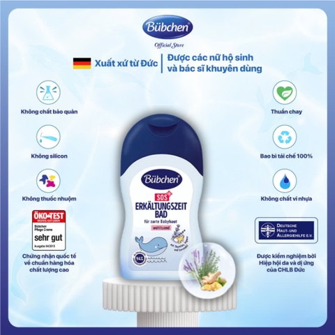 e758 - Dầu Tắm Cảm Thuần Chay Giữ Ấm Cơ Thể Bübchen SOS Erkältungszeitbad 150ml Cho Bé