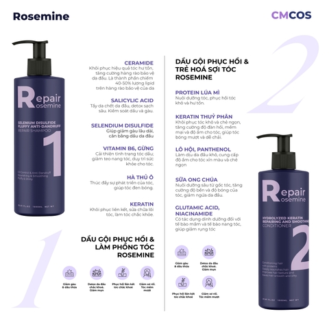 Combo Dầu Gội & Xả Phục Hồi, Làm Phồng Tóc, Giảm Gãy Rụng Rosemine Repair Hàn Quốc 500ml x 2 & 1000ml x 2