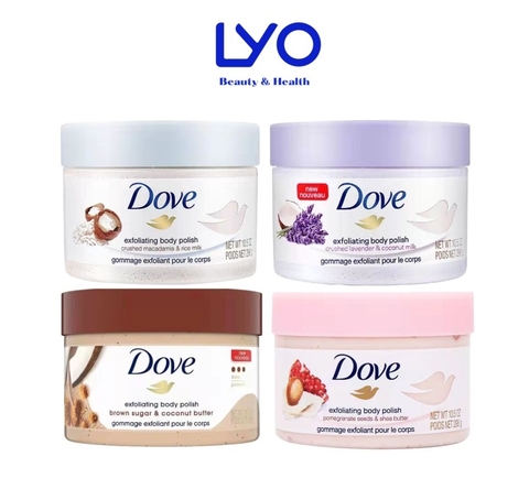 Kem Tẩy Tế Bào chết Dove Bản Mỹ 298g (Yến mạch + Dầu hoa cúc, Lựu đỏ + Bơ hạt mỡ, Đường nâu + Sữa dừa, Và Lavender + Sữa dừa)