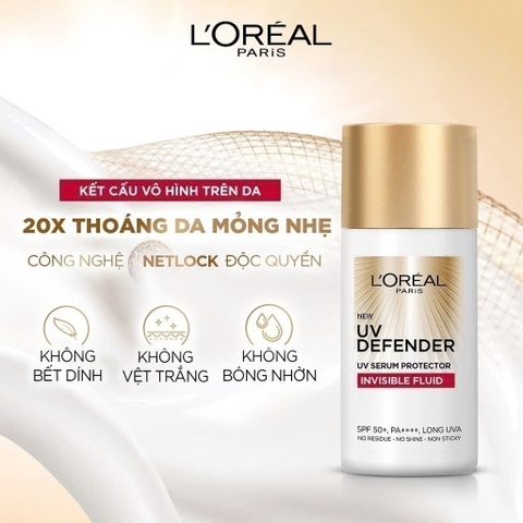 Kem Chống Nắng Thoáng Da, Siêu Mỏng Nhẹ L'Oreal Paris X20 UV Defender Serum Invisible Fluid / Resist Daily Sunscreen SPF50+ PA++++ Loreal 50ml
