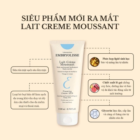 Sữa Rửa Mặt Cấp Ẩm, Làm Sạch Sâu Embryolisse Lait-Creme Moussant Pháp 200ml