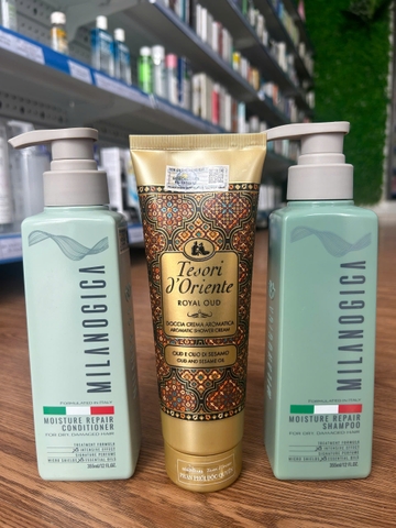 f081 - Combo 3 sản phẩm (Dầu gội & xả phục hồi Milanogica 335ml + Sữa tắm Tesori Hoàng Gia Royal Oud 250ml)