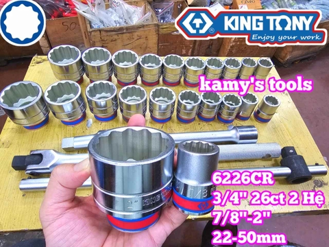 Bộ tuýp 3/4 inch 12 cạnh 2 hệ inch và mét 26 chi tiết 22-50mm Kingtony 6226CR