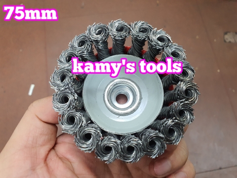 Chén cước hay chổi cước thép xoắn 75mm 3 inch tán M10x1.5 và M14x2.0