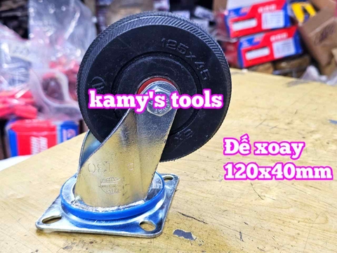 Combo đế càng và bánh xe cao su đặc Sanho XOAY 120mm dày 40mm 120x40mm Kamytools