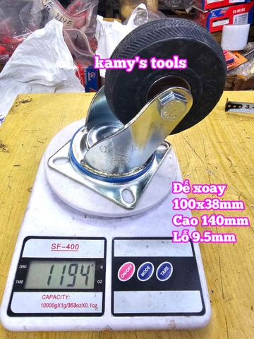 Combo đế càng và bánh xe cao su đặc Sanho XOAY 100mm dày 38mm 100x38mm Kamytools