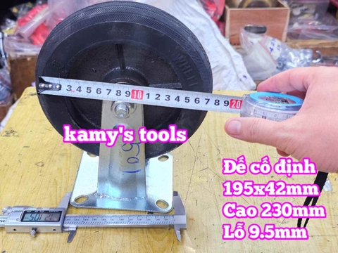 Combo đế càng và bánh xe cao su đặc Sanho CỐ ĐỊNH 200mm dày 41mm 195x41mm Kamytools