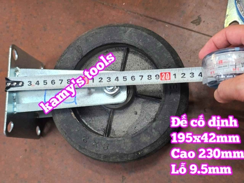 Combo đế càng và bánh xe cao su đặc Sanho CỐ ĐỊNH 200mm dày 41mm 195x41mm Kamytools